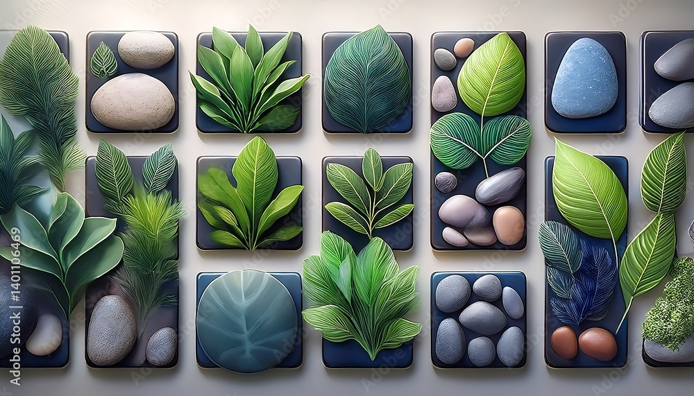 Artistic Arrangement of Green Leaves and Rocks in a Patterned Layout. AI Generative