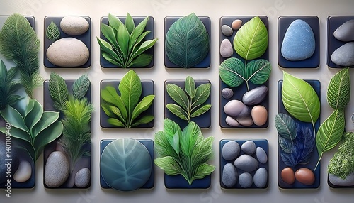 Obraz na płótnie Artistic Arrangement of Green Leaves and Rocks in a Patterned Layout. AI Generative w salonie