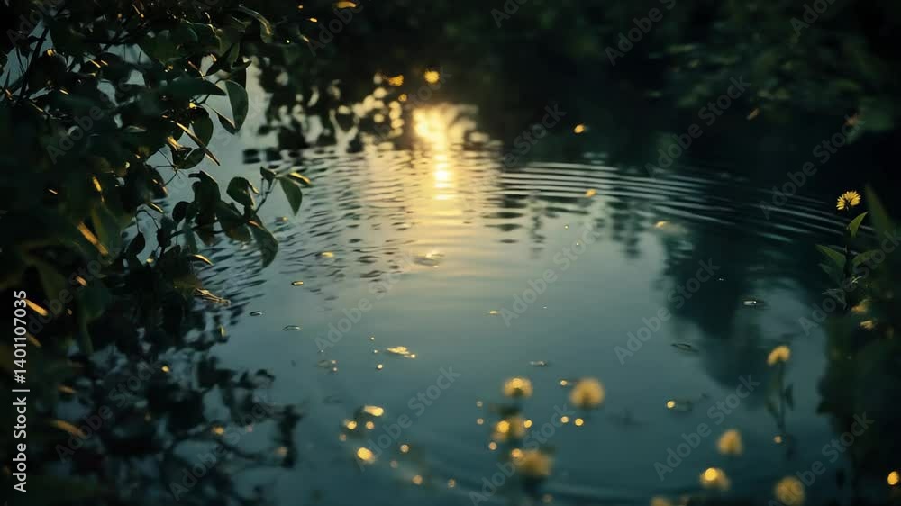 Tranquil water ripples reflecting sunlight amidst lush greenery Tranquil water ripples reflecting sunlight amidst lush greenery