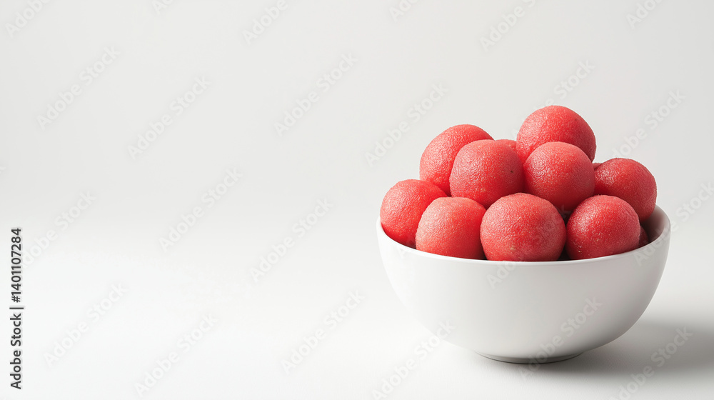 Watermelon balls in a white bowl, white background with copy space Watermelon balls in a white bowl, white background with copy space