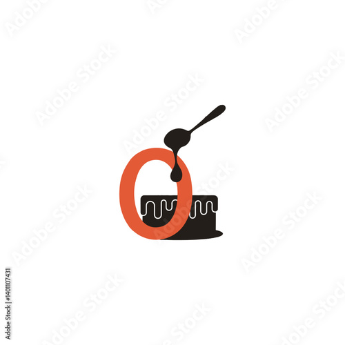 Delicious "O" Logo with Drizzle of Chocolate.Simple, stylized logo featuring a capital "O" in an orange/coral color, with a dark chocolate cake/dessert icon below it, and a dark chocolate dripping fro