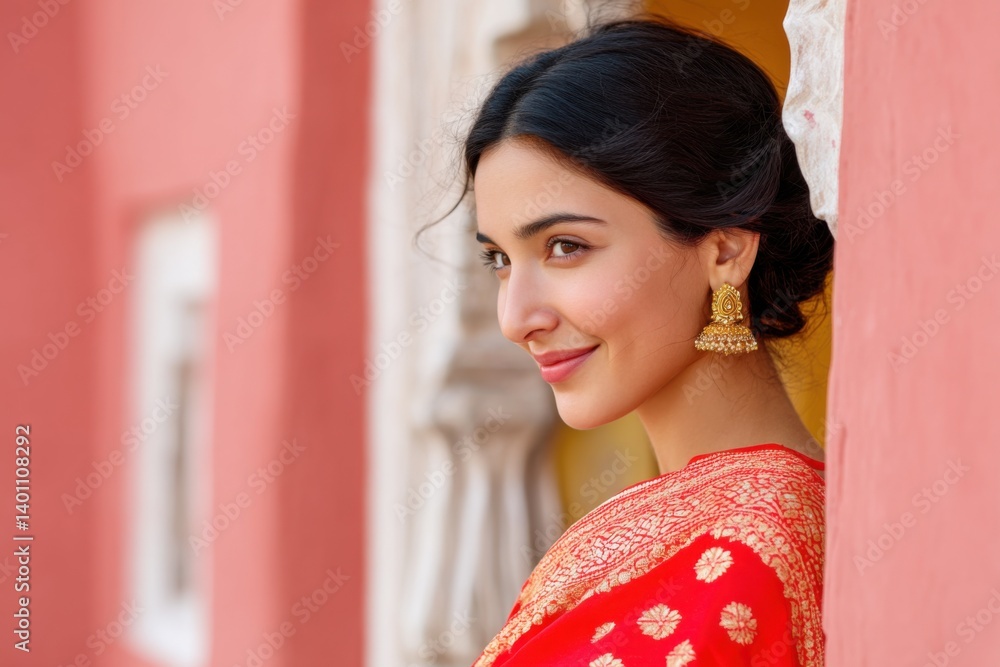 Fototapeta premium Elegant silk sari worn by a woman with a graceful smile, showcasing traditional Indian attire against a vibrant background, cultural fashion concept