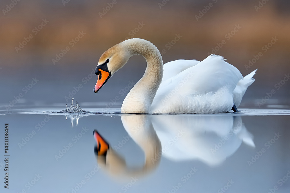 Fototapeta premium graceful swan glides across calm lake, creating gentle ripples in water while reflecting its elegant form