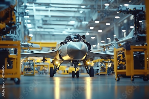 Next-gen fighter jets being assembled in a high-tech aerospace facility.