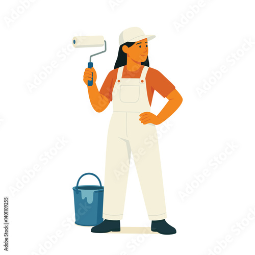 Female house painter in white overalls confidently holding a paint roller beside a paint bucket – flat vector character illustration