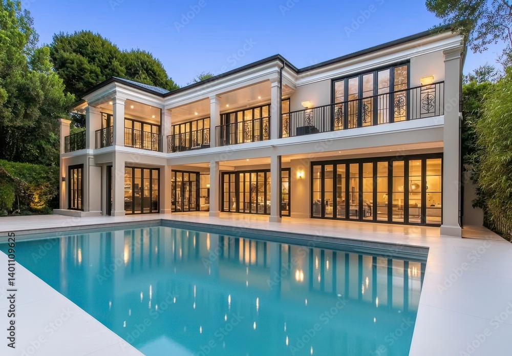 Fototapeta premium Luxury Beige House with Pool at Dusk Aerial View