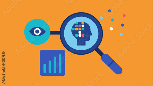 Magnifying Glass Over Data A magnifying glass focusing on a of consumer data points while an AI assistant hovers nearby interpreting the data into actionable insights.
