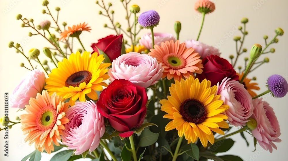 Gorgeous, vibrant, multicoloured mixed flower arrangement still life detail Gorgeous, vibrant, multicoloured mixed flower arrangement still life detail