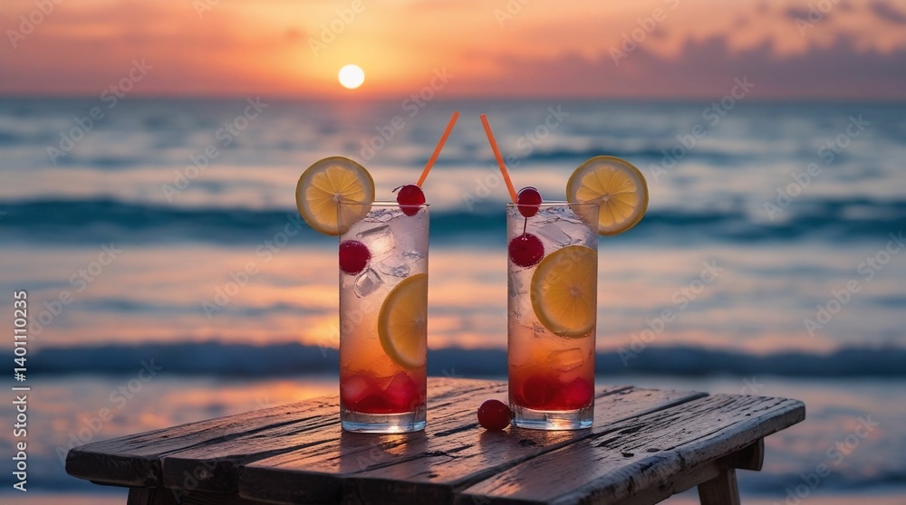 Sunset Beach Cocktails with Lemon and Cherry Garnish