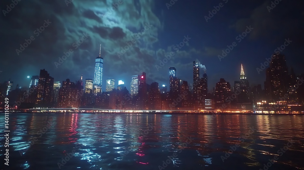 Fototapeta premium Lights of city skyline shimmer in river high resolution picture