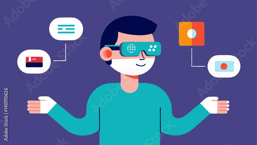 Gesture Recognition An illustration where the user makes a hand gesture to switch between languages emphasizing the intuitive controls of the smart glasses.