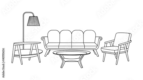 An outlined drawing of a furniture collection on a white background, vector illustration 