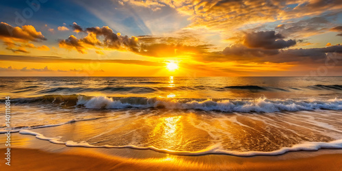 Golden sunrise over calm ocean waters with soft waves