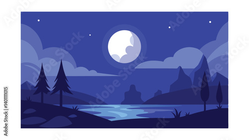 Vector illustration of a dark night landscape with a full moon over the blue sea and a starlit sky