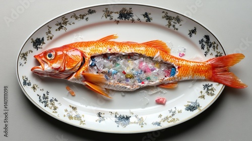Fish filled with microplastics lying on elegant plate symbolizing ocean pollution