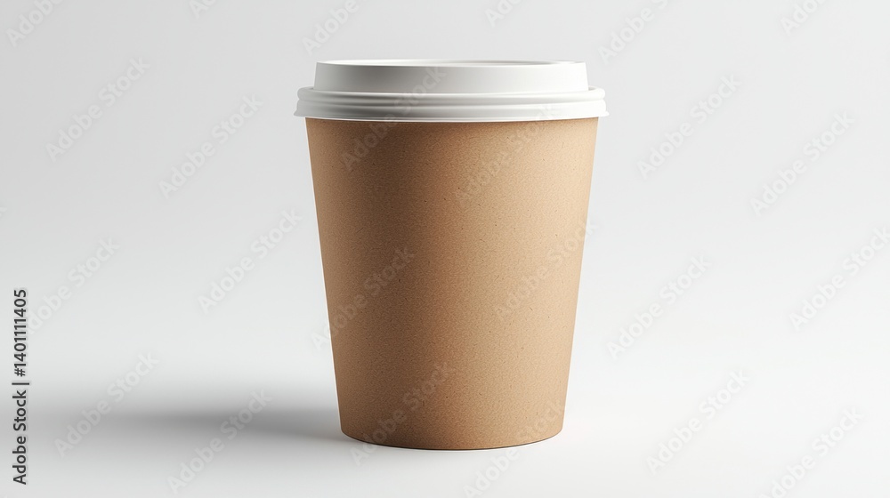 A brown paper cup with a white lid sits on a white backgroun A brown paper cup with a white lid sits on a white backgroun