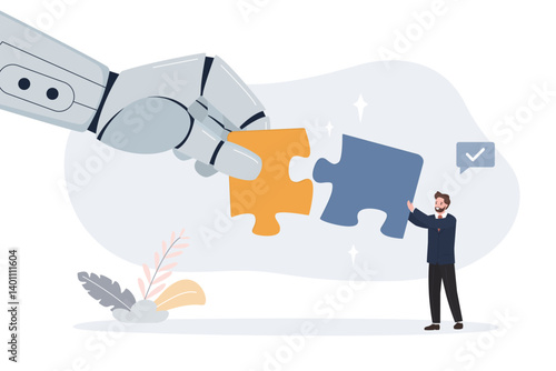Businessman and robot collecting jigsaw puzzles look for business problem solution together. Humans and bot with AI work search for decisions. Collaboration,