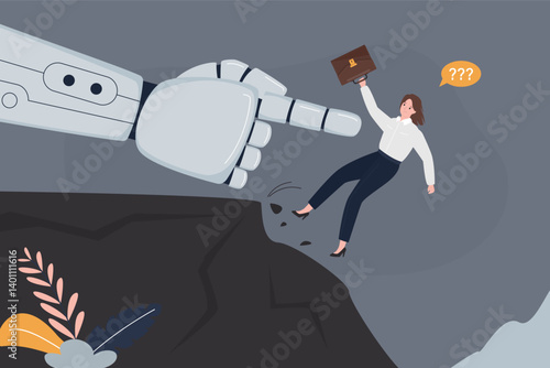 Robot hand kicking female employee out of work. Chat bots, computers and AI technology replace humans, problem of layoffs of staff due to business process automation.