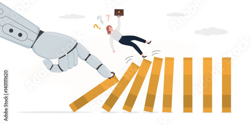 Robot arm push to collapse domino, businesswoman falling down, financial loss. AI bot to disrupt human work, Artificial intelligence impact or challenge, job uncertainty