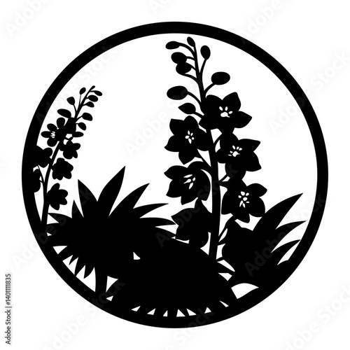 Circular Black and White Silhouette of Flowers and Plants