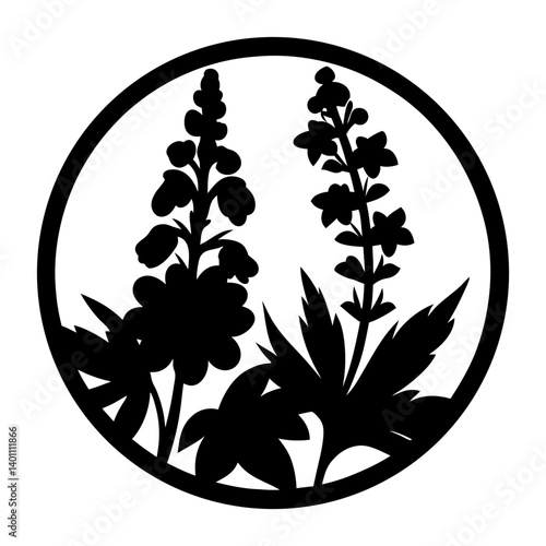 Elegant Black and White Silhouette of Two Delphinium Flowers in a Circular Frame Botanical Illustration