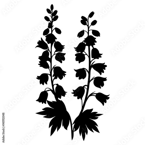 Elegant Black Silhouette of Twin Delphinium Flower Stems with Numerous BellShaped Blooms and Lush Foliage