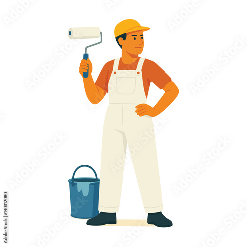 Male house painter in white overalls holding paint roller and standing confidently next to a paint bucket – flat vector illustration