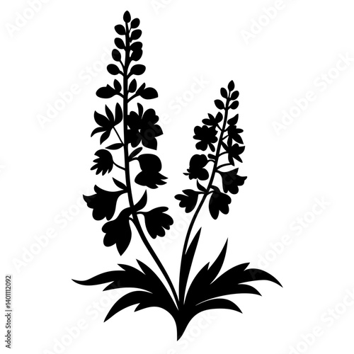 Elegant Black Silhouette of Two Delphinium Flowers with Lush Foliage