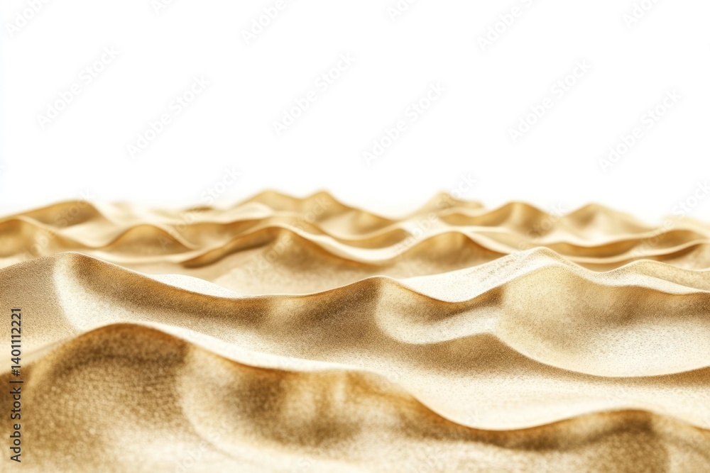 A beach scene with golden sand and gentle waves, isolated on a white background to showcase natural beauty.