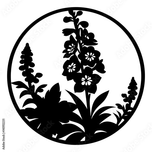 Elegant Black and White Floral Circle Design Featuring Delphiniums and Other Flowers