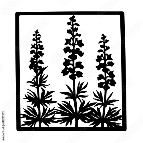 Black and White Silhouette of Three Delphiniums in a Square Frame Botanical Illustration