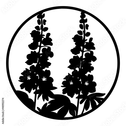 Elegant Black Silhouette of Two Delphinium Flowers in a Circular Frame Botanical Illustration