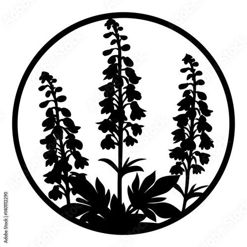 Elegant Black Silhouette of Three Delphinium Flowers in a Circular Frame Botanical Illustration