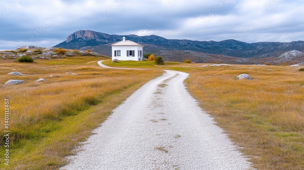 Fototapeta premium Winding path to small white building