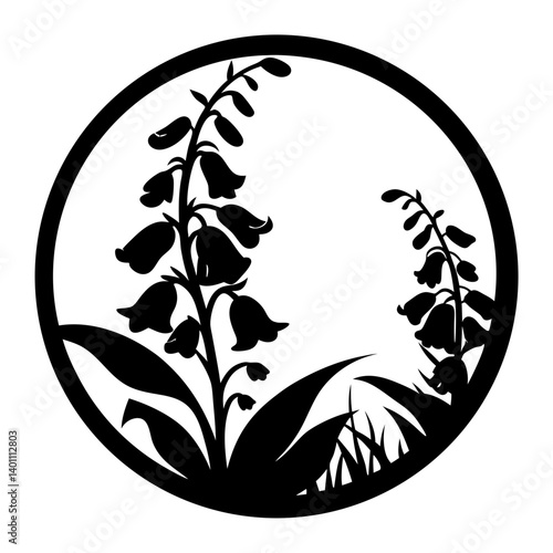 Elegant Black Silhouette of Bluebells in a Circular Frame Botanical Illustration