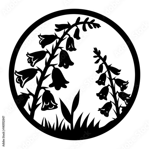 Elegant Black and White Silhouette of Bluebells in a Circular Frame