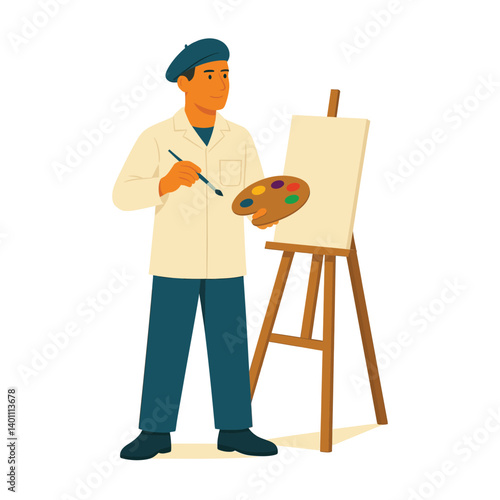 Male Painter with Easel and Palette – Flat Vector Art Professional Character