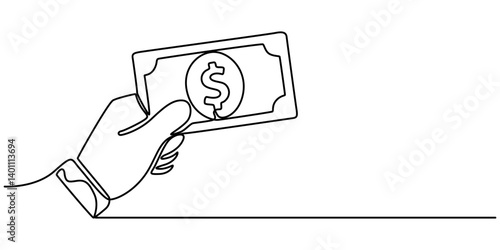 Continuous Line Drawing of Payment Icon. Hand Drawn Symbol Vector Illustration, hand holding money continuous one line drawing, line art of payment with money, buying or purchase, minimal concept.
