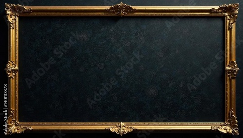 Intricate gold filigree frame, textured black backdrop, ornate, gold frame, rococo
