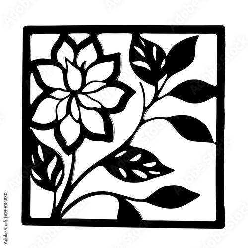 Black and White Floral Square Design Botanical Illustration Graphic Art Print