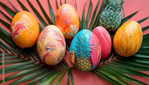 Hand-painted Easter eggs with exotic jungle themes and summer-inspired colors