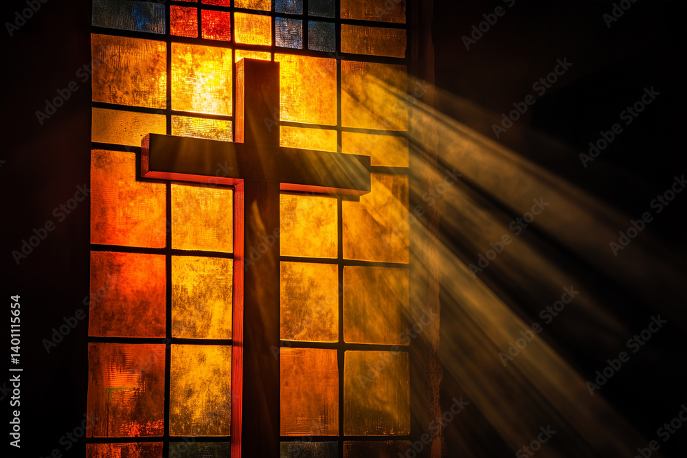 Naklejka premium The cross on the stained glass window of the church, illuminated by the rays of the sun, beautifully symbolizes faith and spiritual light