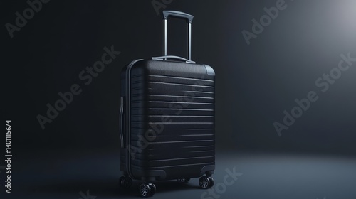 Premium black travel suitcase with wheels top side. Trolley bag handle detail.
