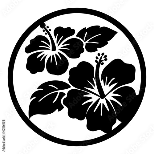 Elegant Black and White Hibiscus Flower Design in a Circle Tropical Floral Illustration