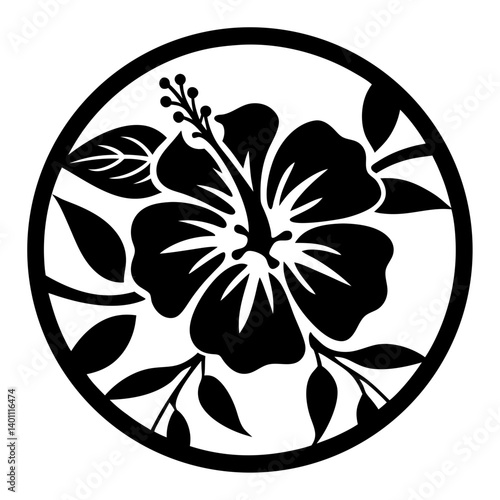 Stunning Black and White Hibiscus Floral Circle Design Element Graphic Art