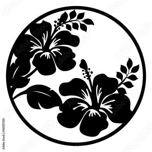 Two hibiscus flower silhouettes inside circle- Black silhouette of two hibiscus flowers with leaves enclosed in a circle, ideal for tropical decoration, tattoo, or logo design 