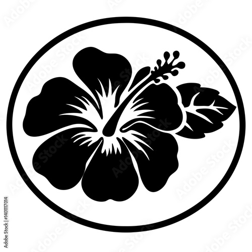 Black hibiscus flower silhouette in circle- Minimalist black hibiscus flower silhouette inside a circular frame, perfect for tropical design, logo, tattoo, or decorative use