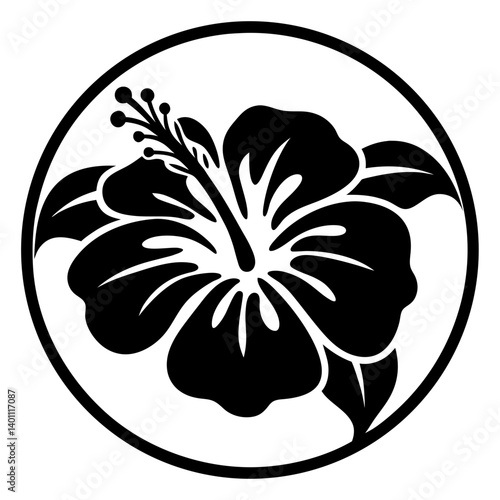 Black hibiscus flower silhouette emblem design- Stylized black hibiscus flower silhouette inside a circle, perfect for logo, emblem, tattoo, or decorative tropical floral artwork