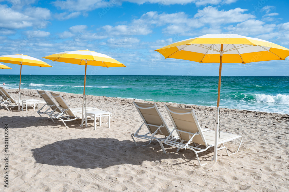 Fort Lauderdale Beach Chairs and Umbrellas. Sea View