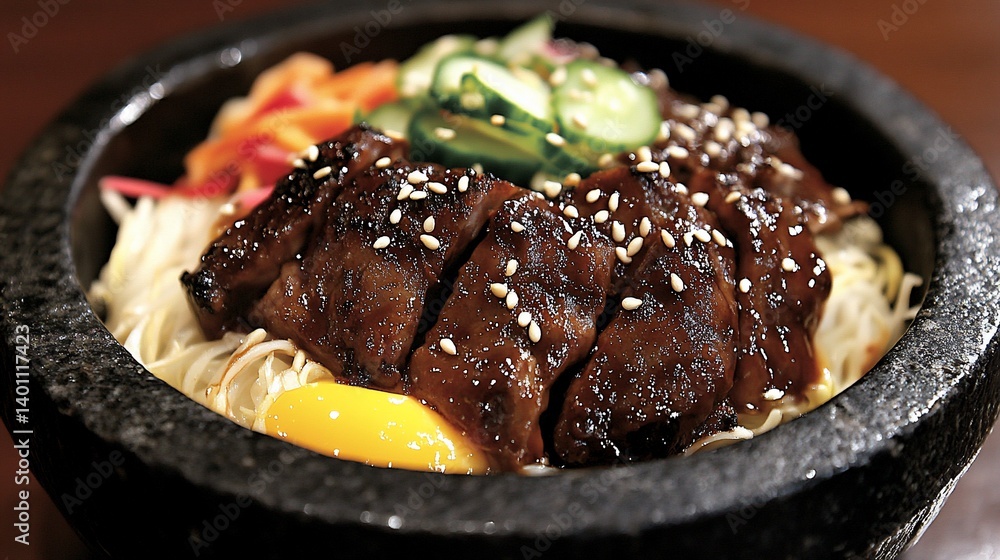 Grilled beef bowl with noodles and vegetables Grilled beef bowl with noodles and vegetables